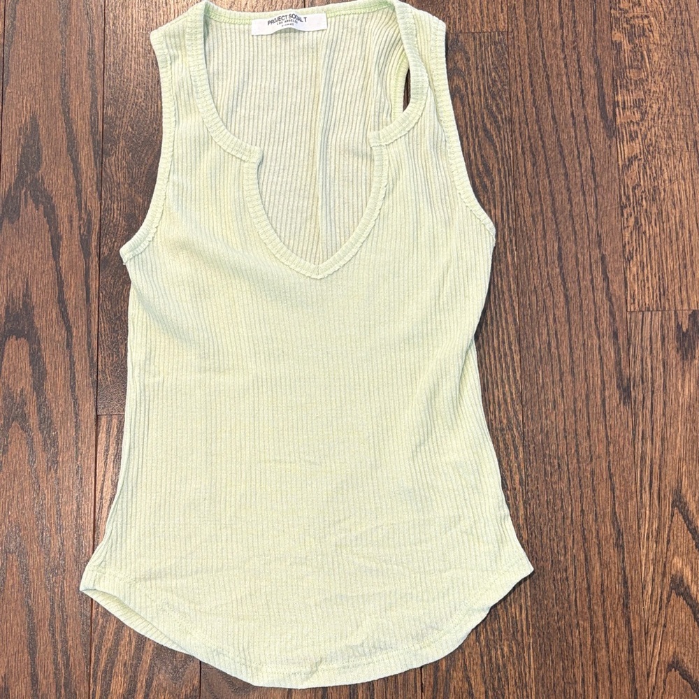 Project Social T Women’s Light Green Ribbed V-Neck Tank Top Size Extra Small